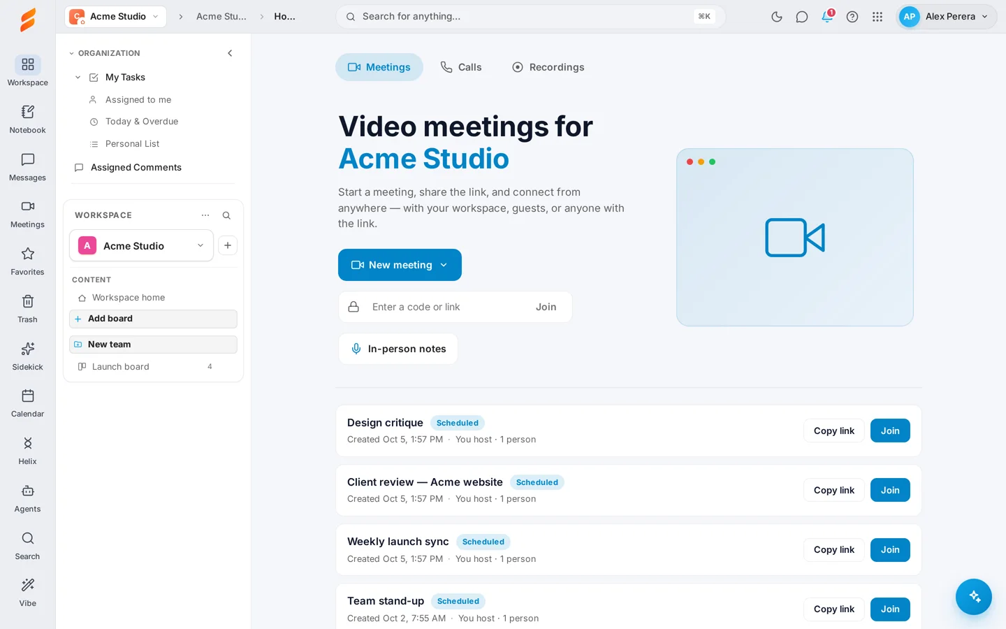 The Meetings page with the New meeting button, a box to enter a code or link, and a list of meetings