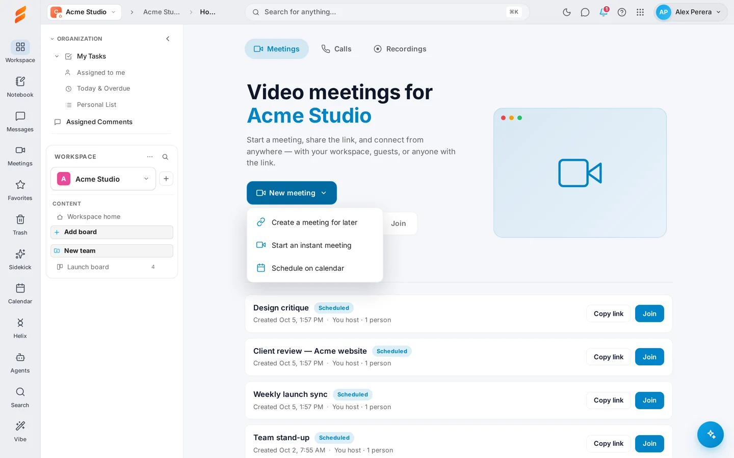 The New meeting menu with Create a meeting for later, Start an instant meeting and Schedule on calendar
