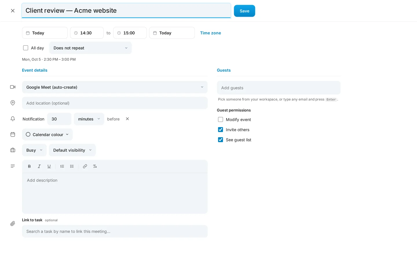 The event form with title, date and time, conferencing, notification, guests and description