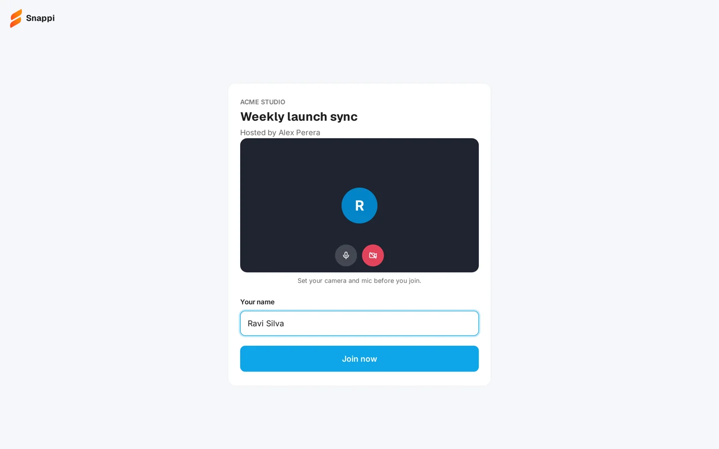 The join screen for someone without an account, with a box for their name
