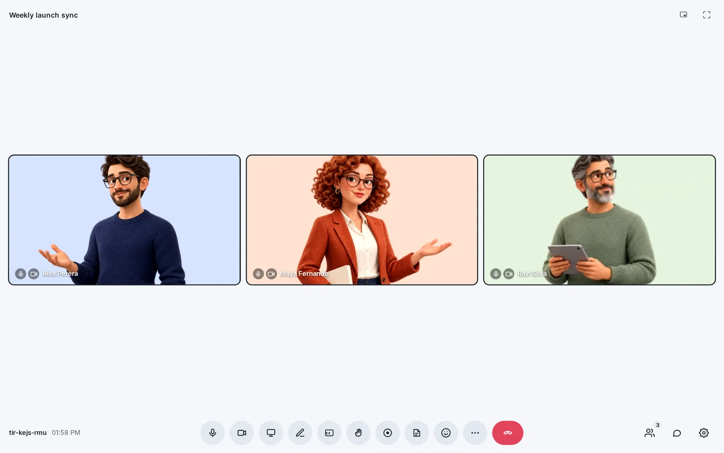 A meeting with three people on camera and the control bar along the bottom