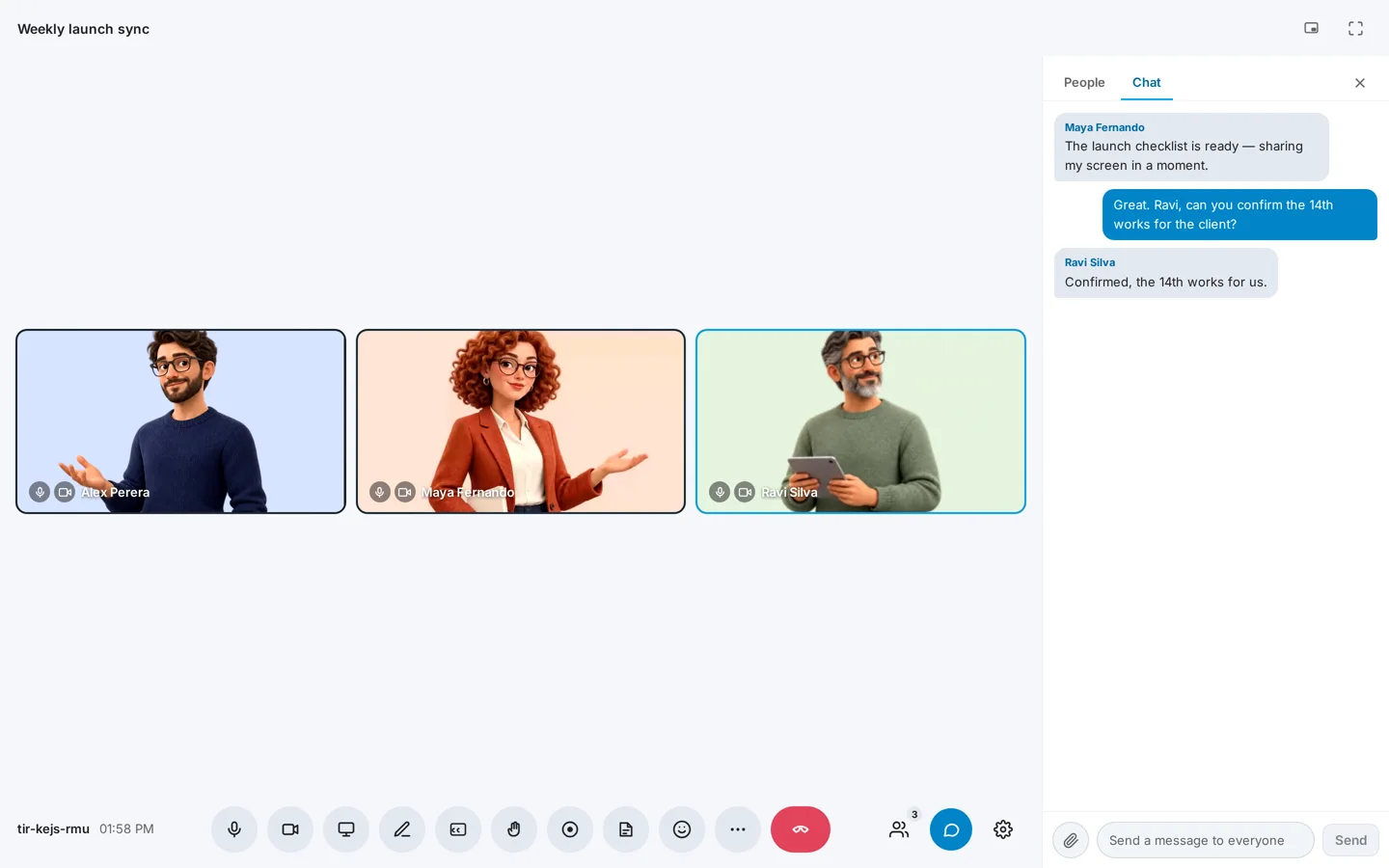 The Chat panel with messages from three people