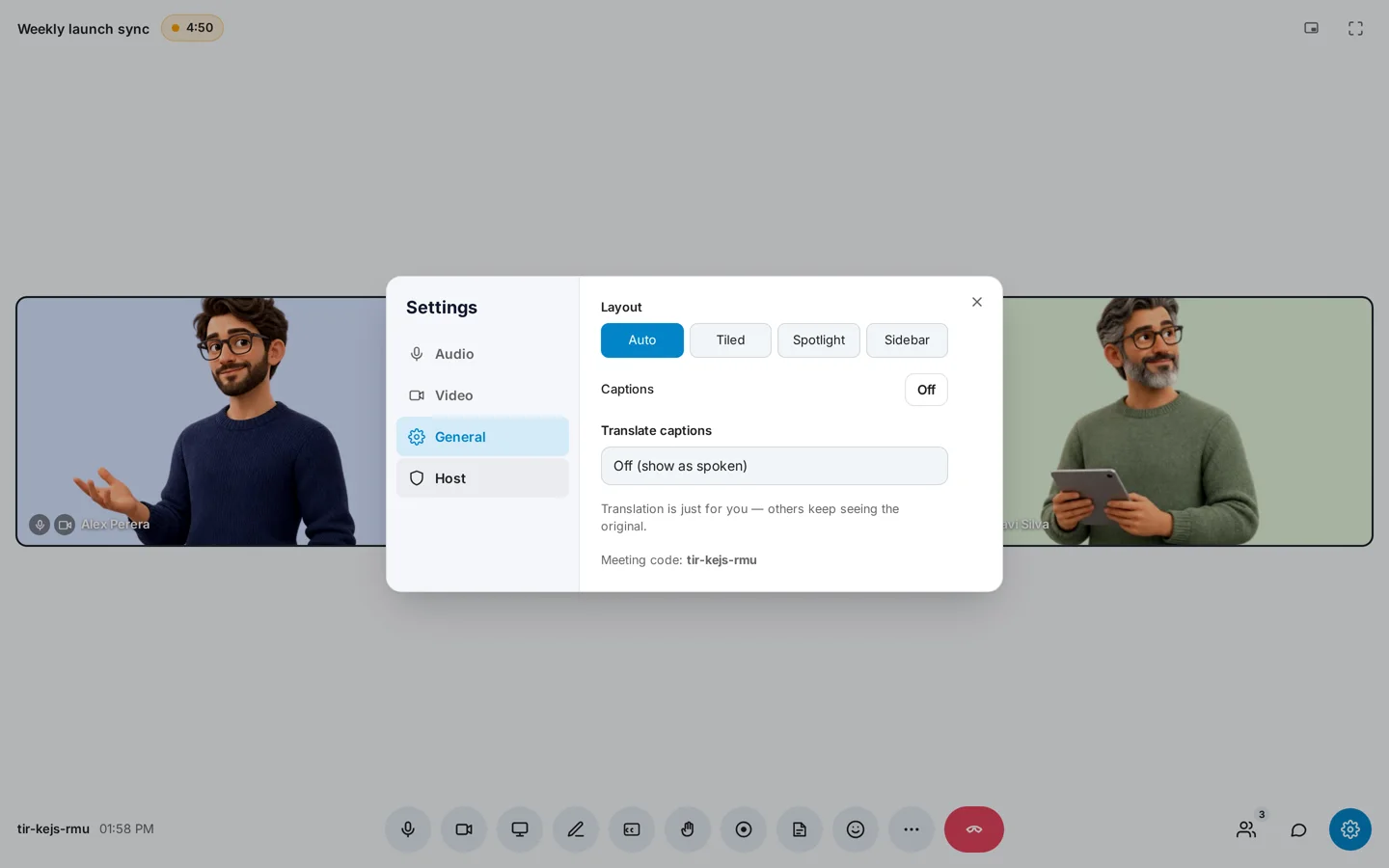 Meeting settings, General tab: Layout, Captions and Translate captions