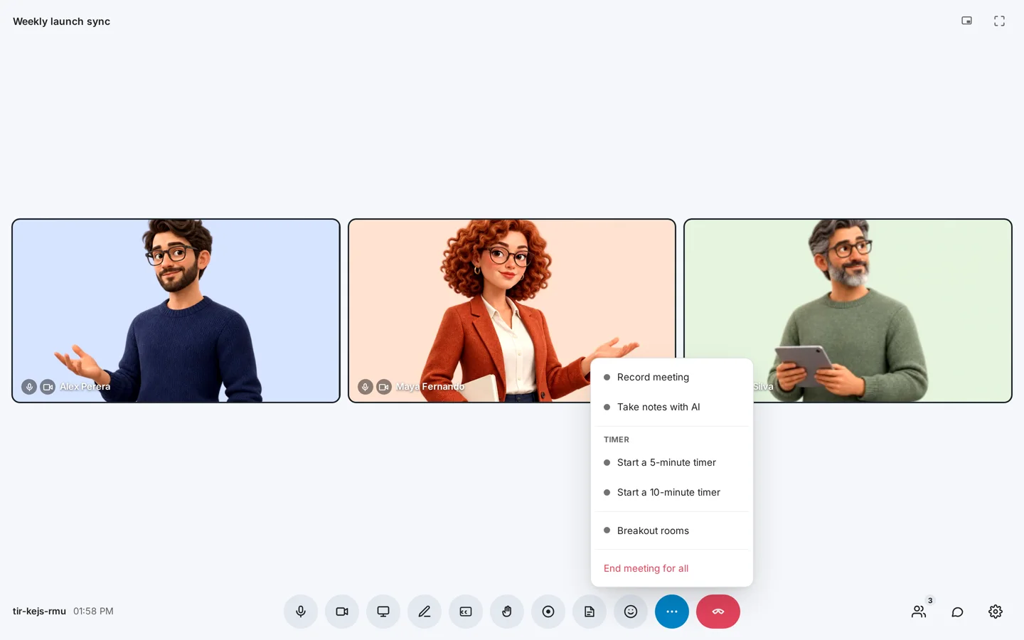 The More options menu with Record meeting, Take notes with AI, timers, Breakout rooms and End meeting for all