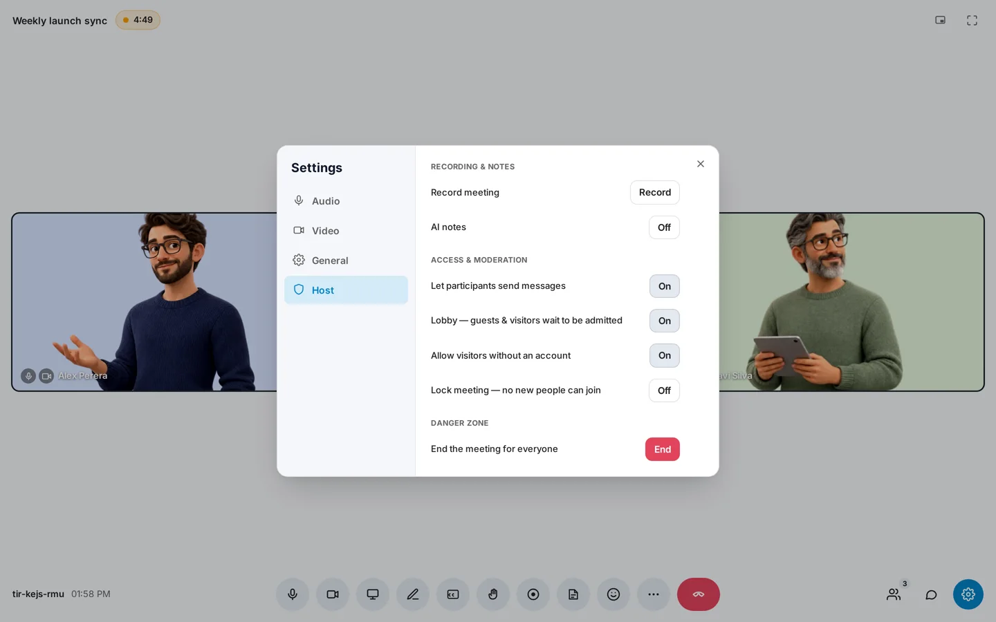 Meeting settings, Host tab: recording and notes, access and moderation, and ending the meeting