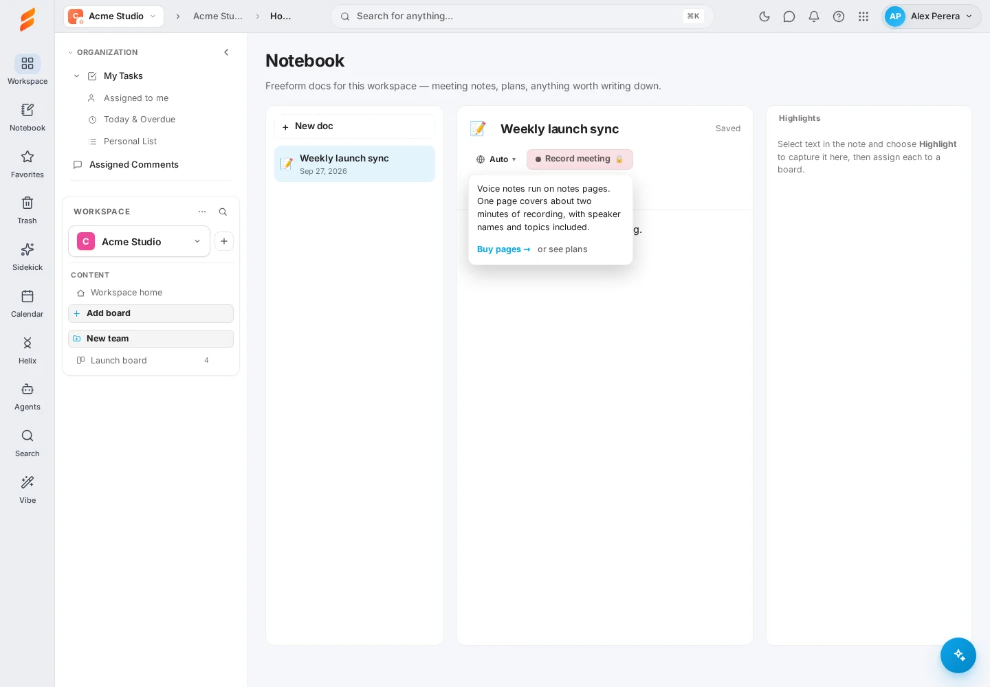 Notebook with the Record meeting button locked and a prompt to buy pages