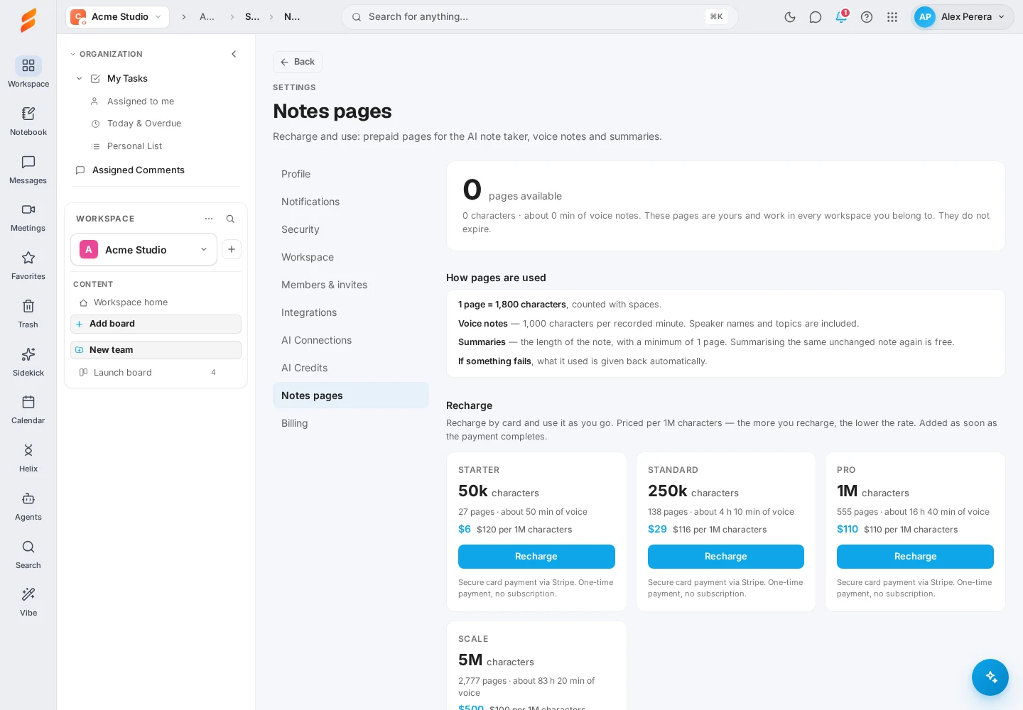 Settings, Notes pages: balance, how pages are used, and four packs to buy