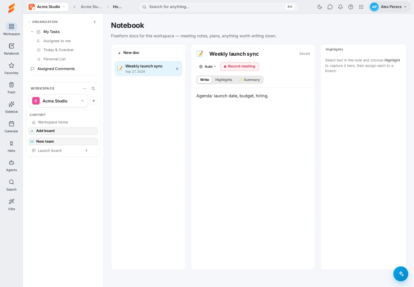 A note open in Notebook with the language menu and the Record meeting button