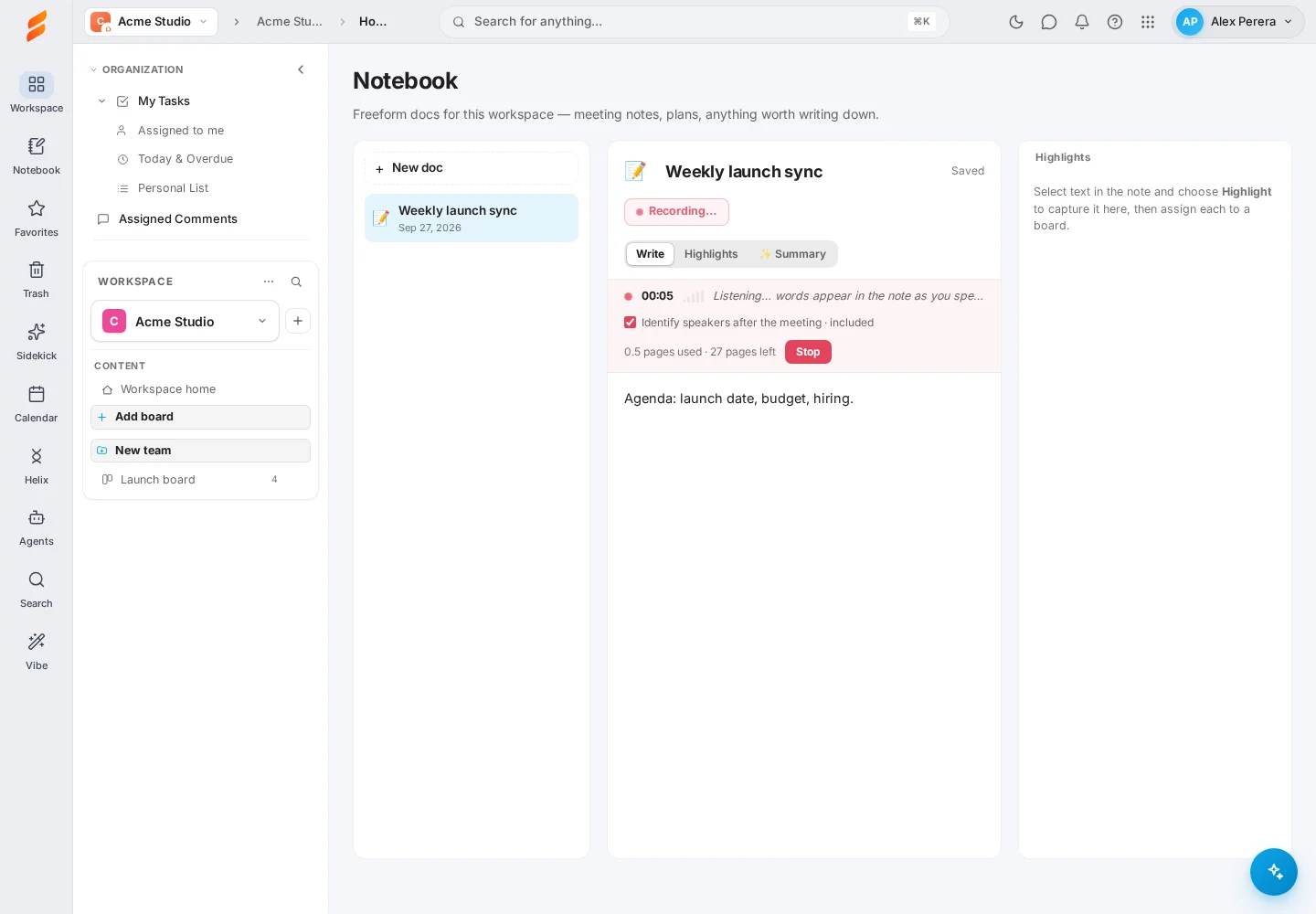 Actual Snappi Notebook screenshot of a meeting being recorded, with fictional demonstration data