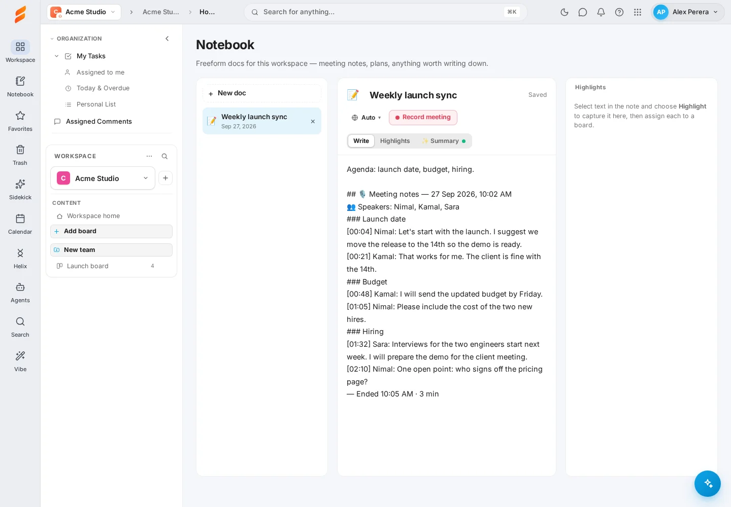A finished meeting note with a speakers line, topic headings and timestamped lines with names