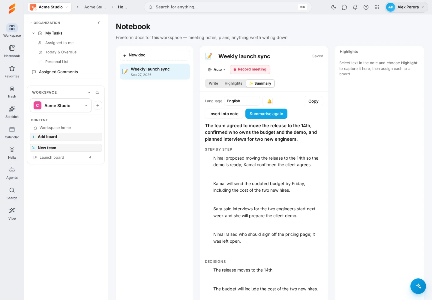 Actual Snappi Notebook screenshot of the Summary tab, with fictional demonstration data