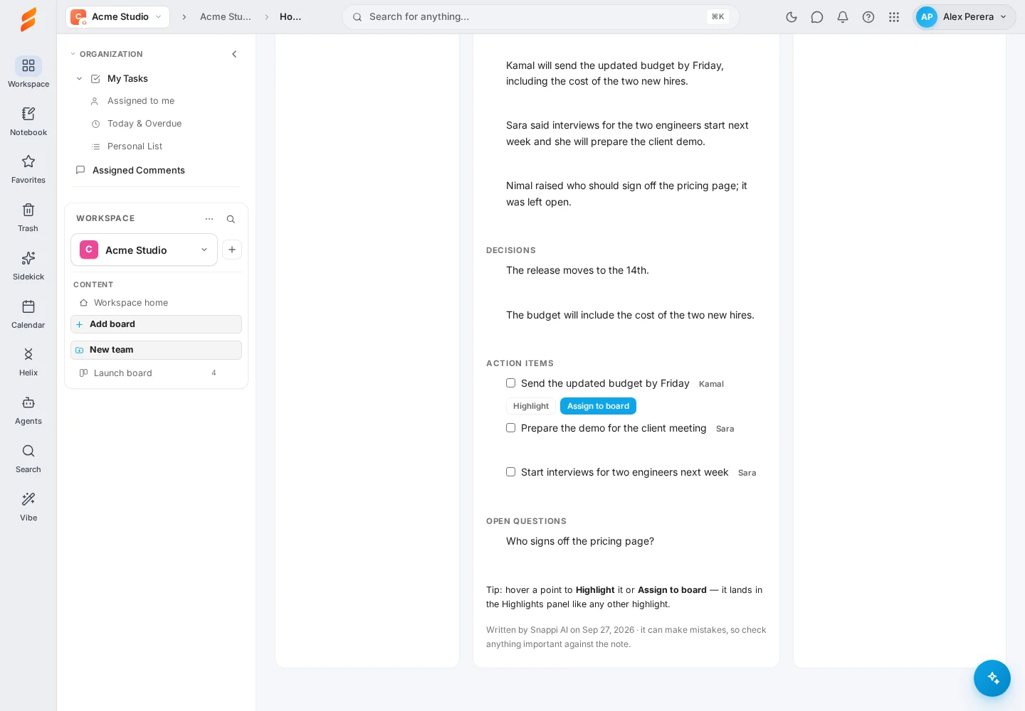 Actual Snappi Notebook screenshot of an action item being assigned to a board, with fictional demonstration data