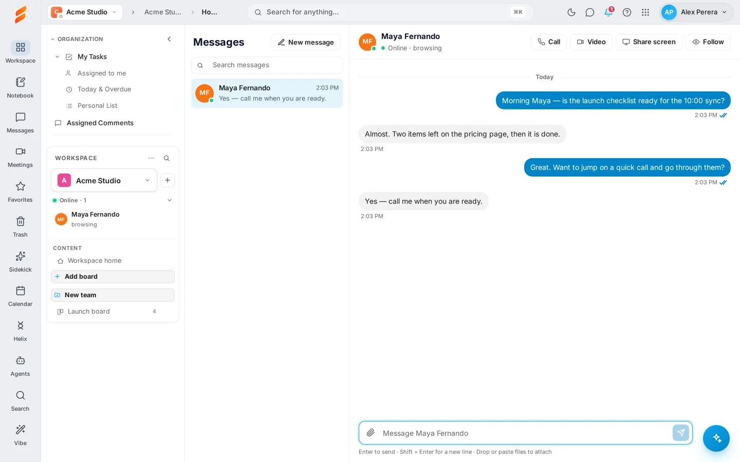 The Messages page with a conversation list on the left and a conversation between two teammates