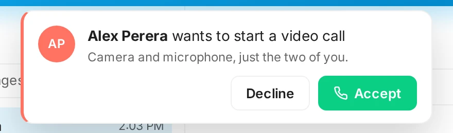 A card saying a teammate wants to start a video call, with Decline and Accept