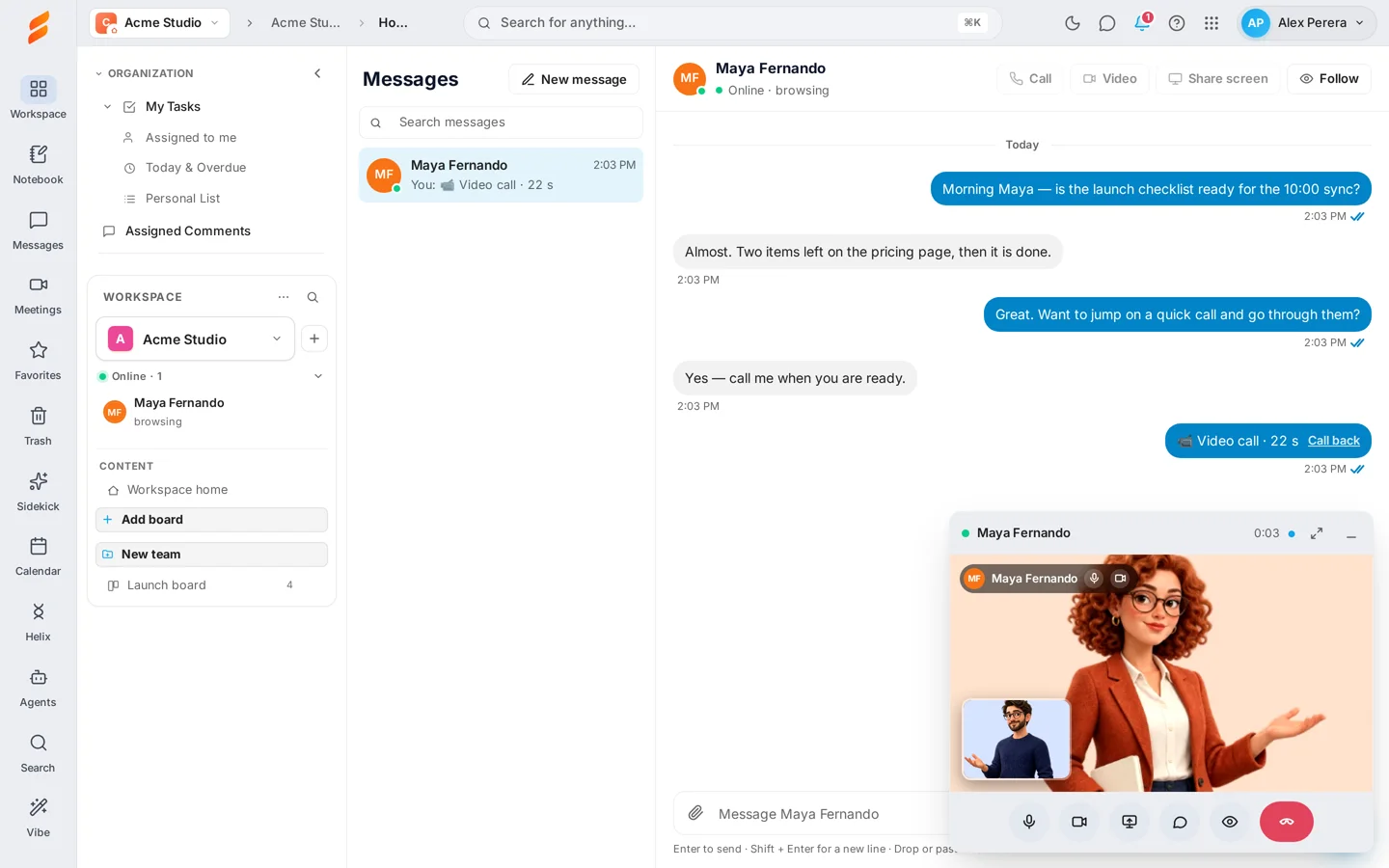 A video call in a small window above a conversation, with the call controls under the video