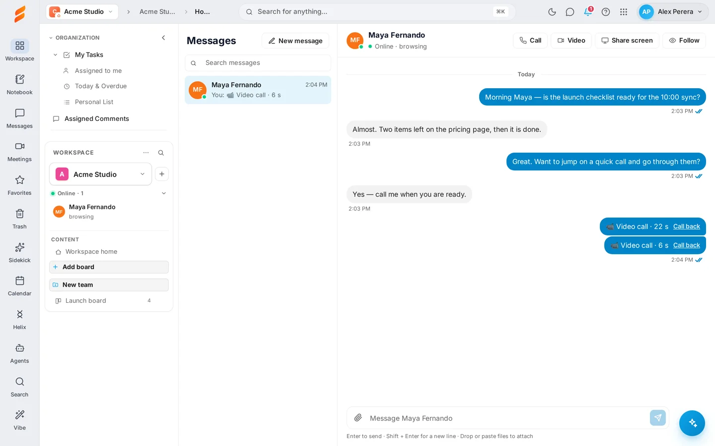A conversation showing a video call entry with its length and a Call back link