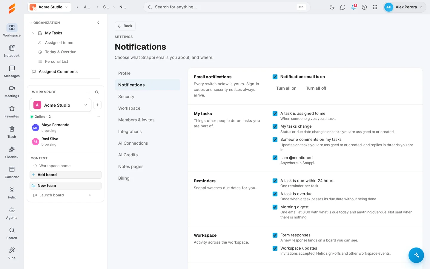 Settings, Notifications, with a switch for each kind of notification email