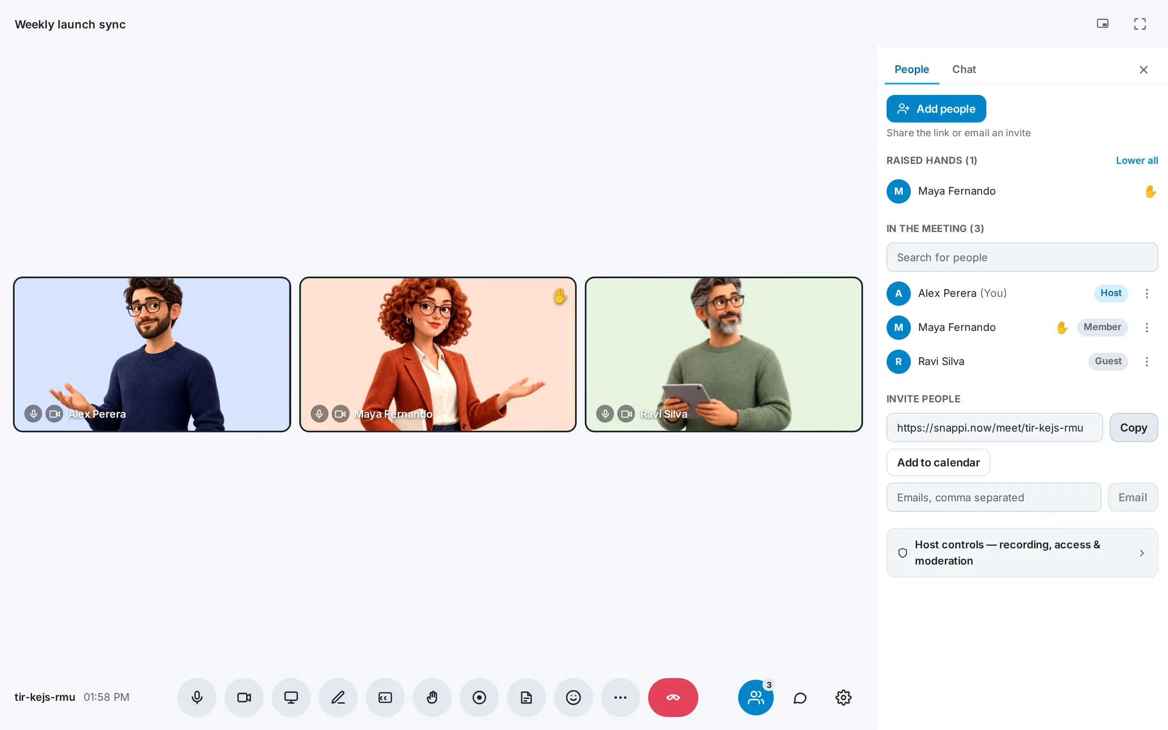 Actual Snappi meeting screenshot showing the People panel with a raised hand and invite options