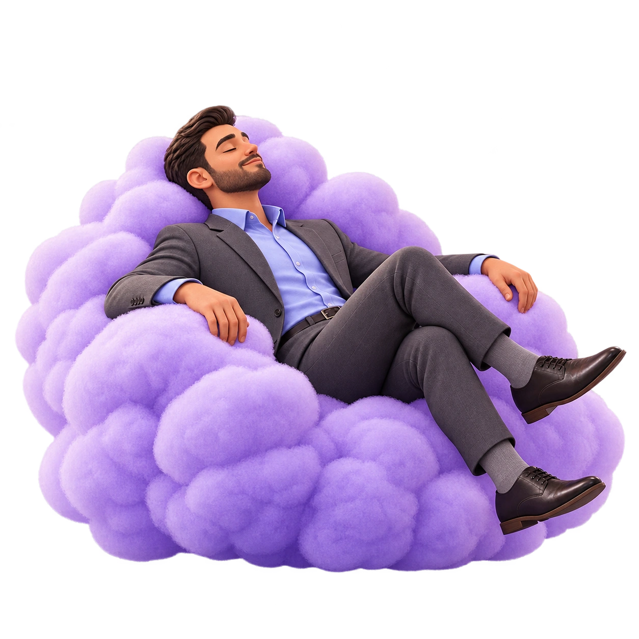 A person relaxing in a sculptural lavender cloud chair against a blue and lavender background