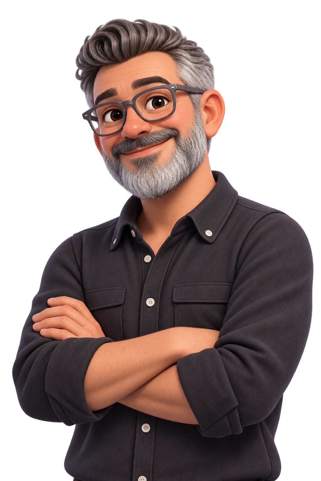 Snappi grey-haired teammate with glasses and a charcoal shirt, arms comfortably folded