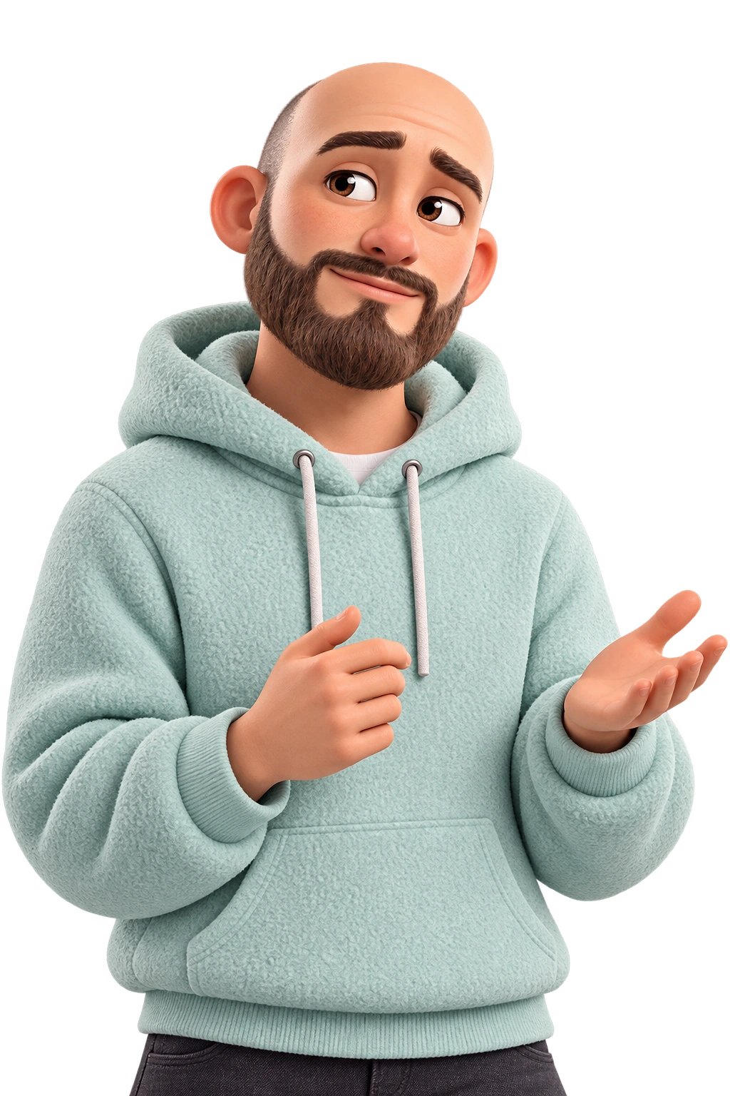 Snappi bald, bearded teammate in a mint hoodie asking a thoughtful question