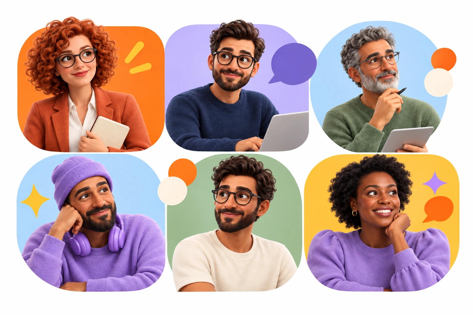 Six Snappi colleagues with different personalities in a colourful portrait mosaic