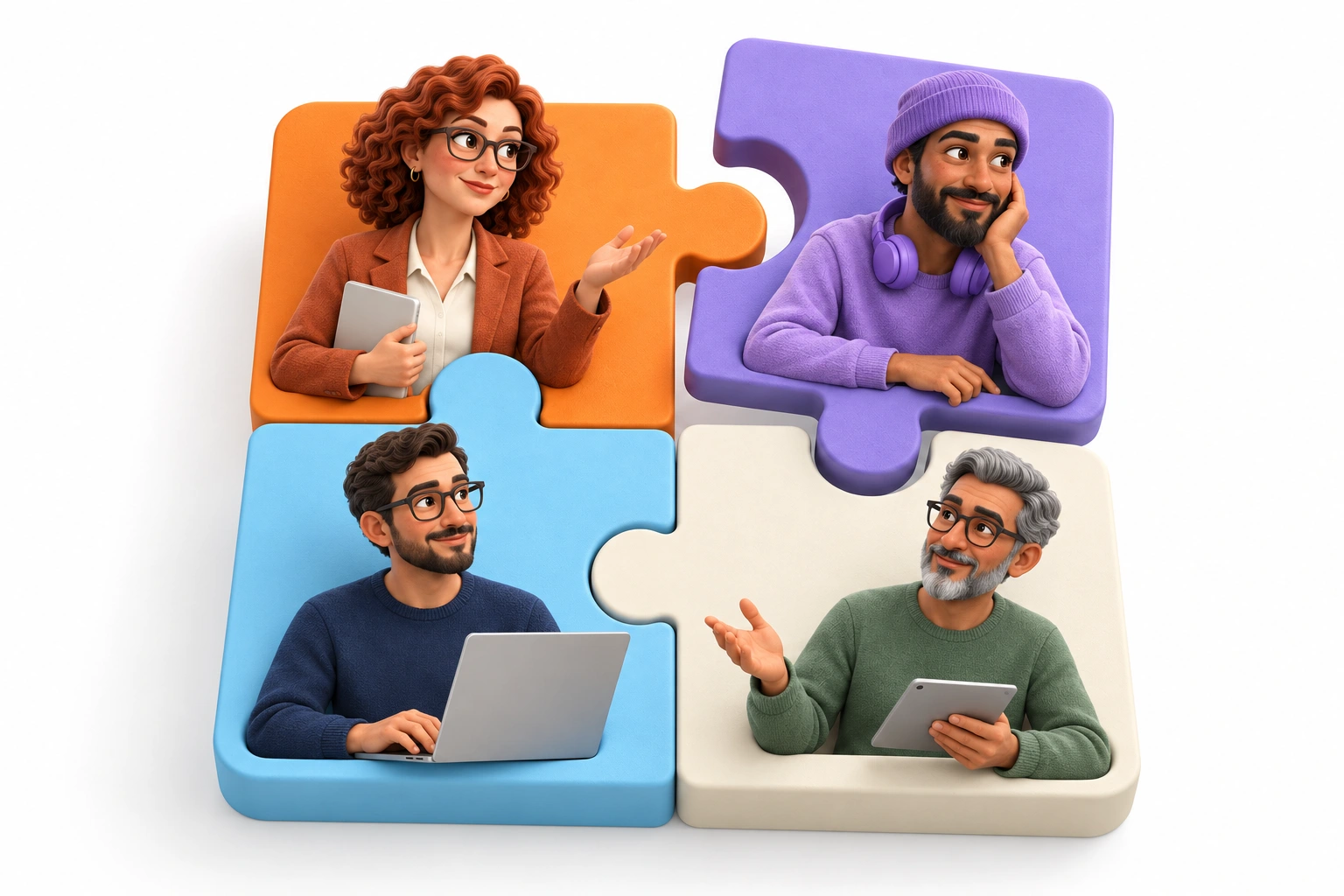 Four Snappi teammates on interlocking orange, lavender, blue and ivory puzzle pieces