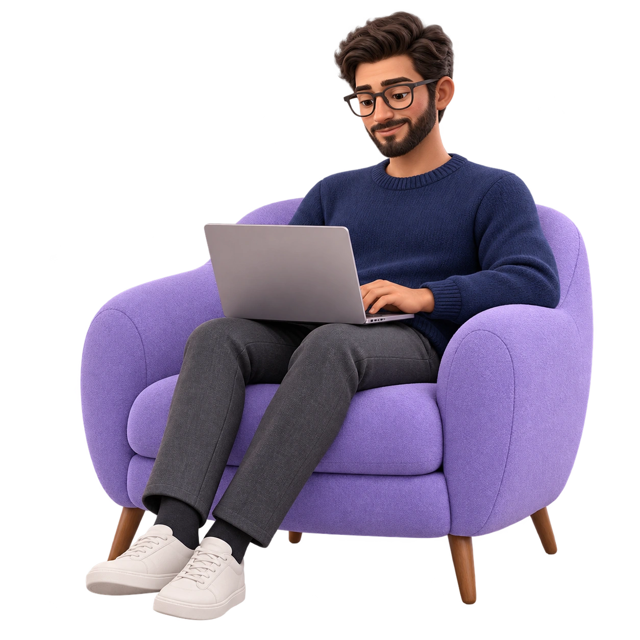 Snappi teammate in a complete lavender chair, briefly typing then looking up with a smile