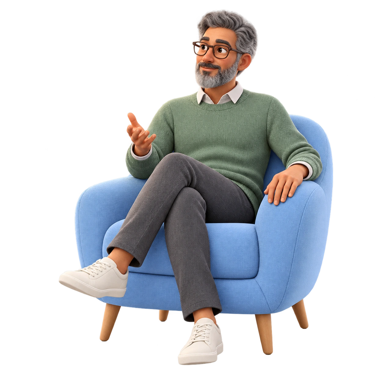 Snappi planner in a complete blue chair, turning to a teammate and making a friendly gesture