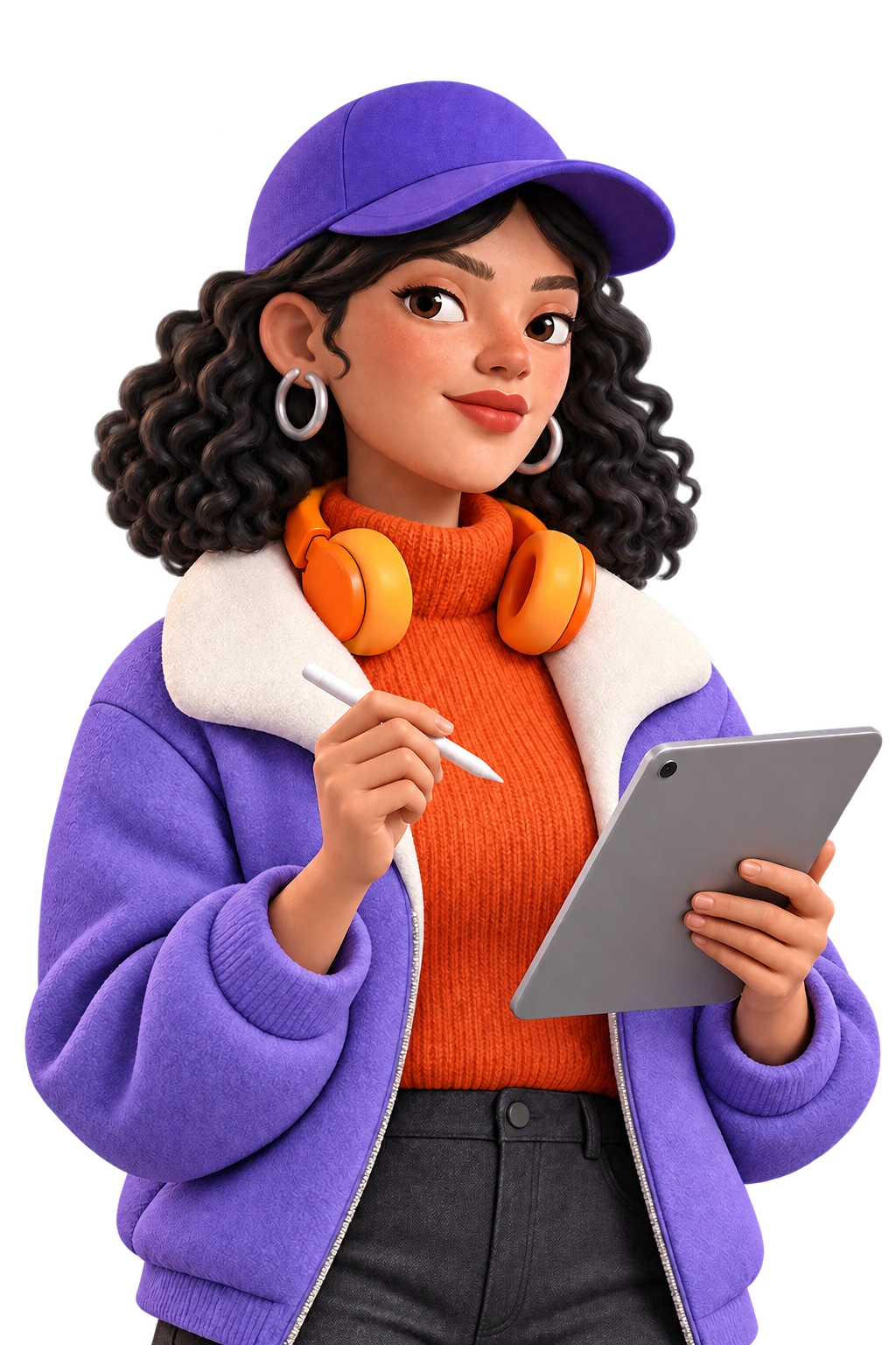 Snappi creative in a purple cap and orange headphones, shaping an idea with a tablet and stylus