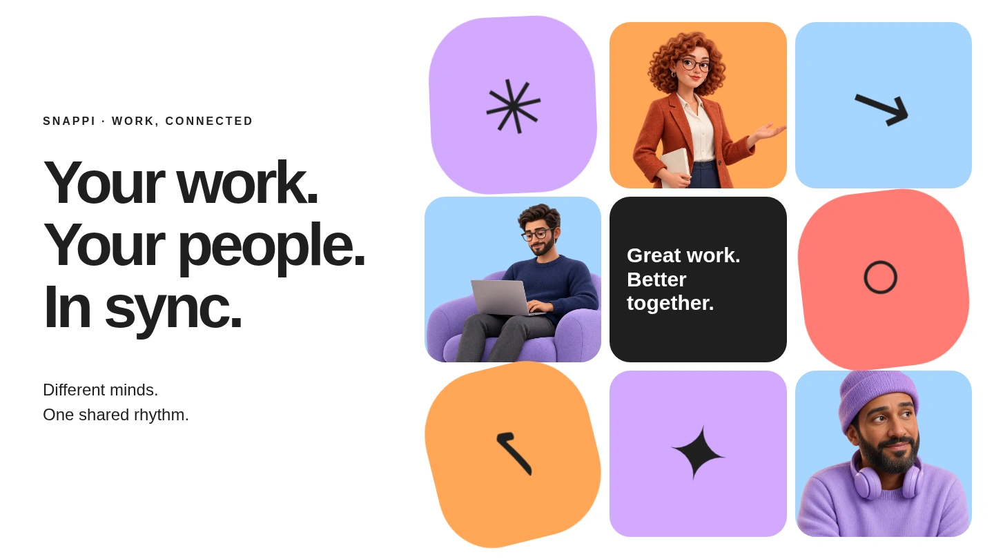 Snappi characters, colourful geometric tiles and a shared workspace