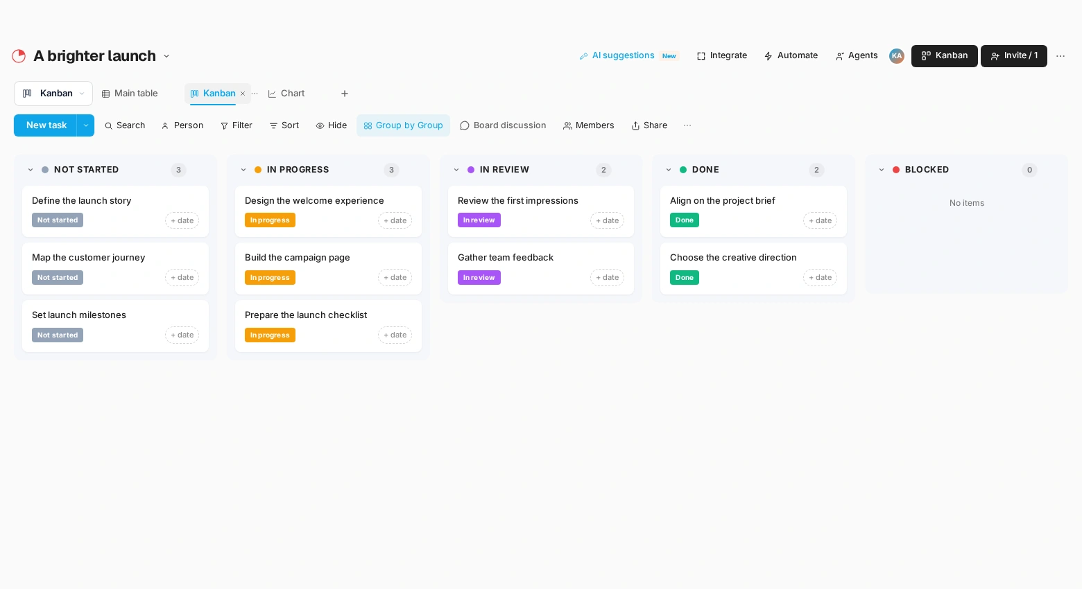 The same real Snappi launch project organized in Kanban status columns