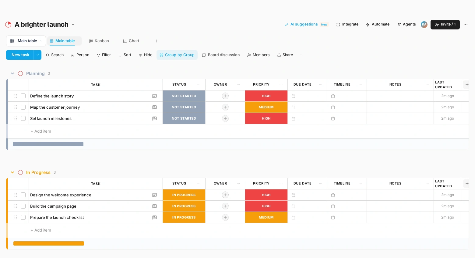 Real Snappi demo project in Table view with launch tasks, owners and statuses